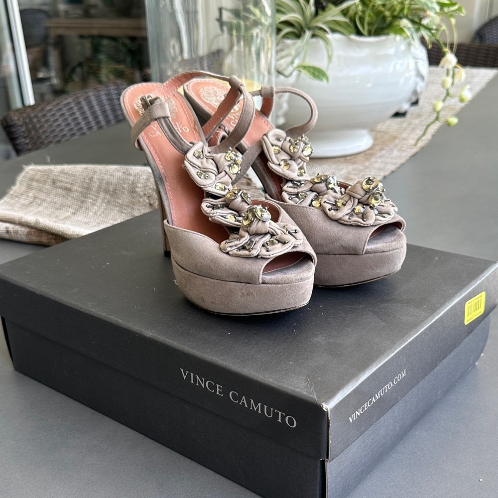 Vince Camuto Taupe Suede Embellished Platform Heels. VC-Mist. Ash true suede